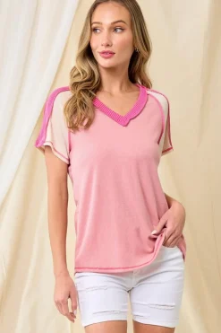 Clearance Dear-Lover Exposed Seam Color Block Knitted V Neck T-shirt Pink