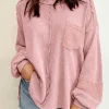 Online Dear-Lover Exposed Seam Patchwork Bubble Sleeve Waffle Knit Top Pink