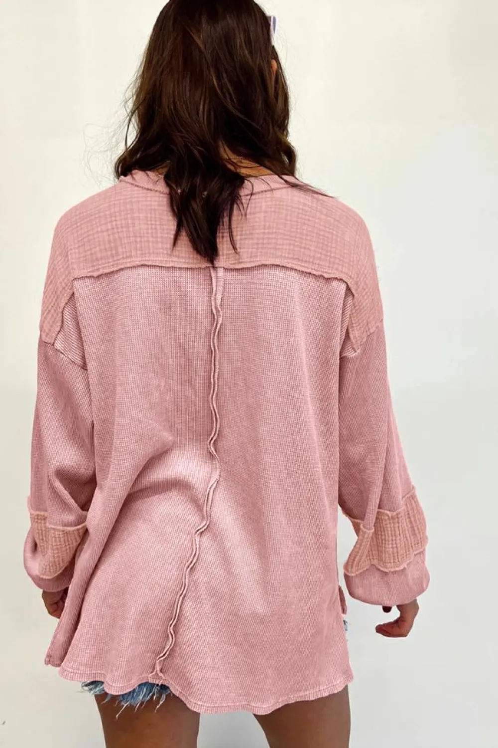 Online Dear-Lover Exposed Seam Patchwork Bubble Sleeve Waffle Knit Top Pink