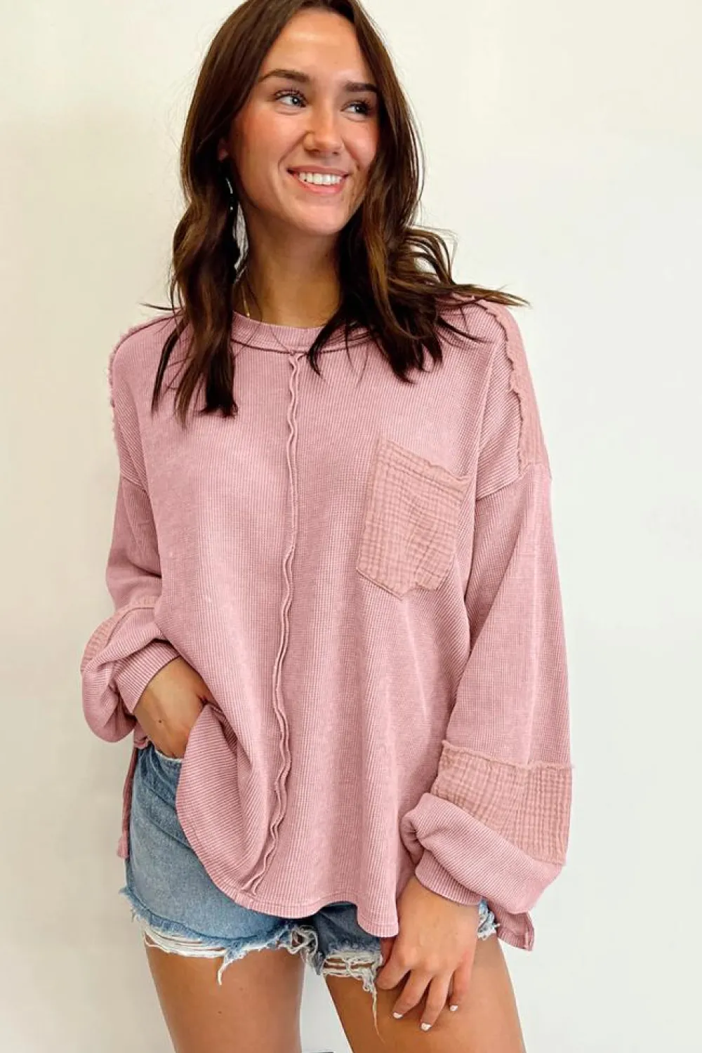Online Dear-Lover Exposed Seam Patchwork Bubble Sleeve Waffle Knit Top Pink