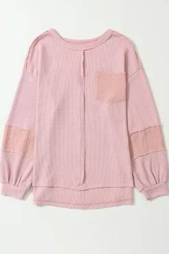 Online Dear-Lover Exposed Seam Patchwork Bubble Sleeve Waffle Knit Top Pink