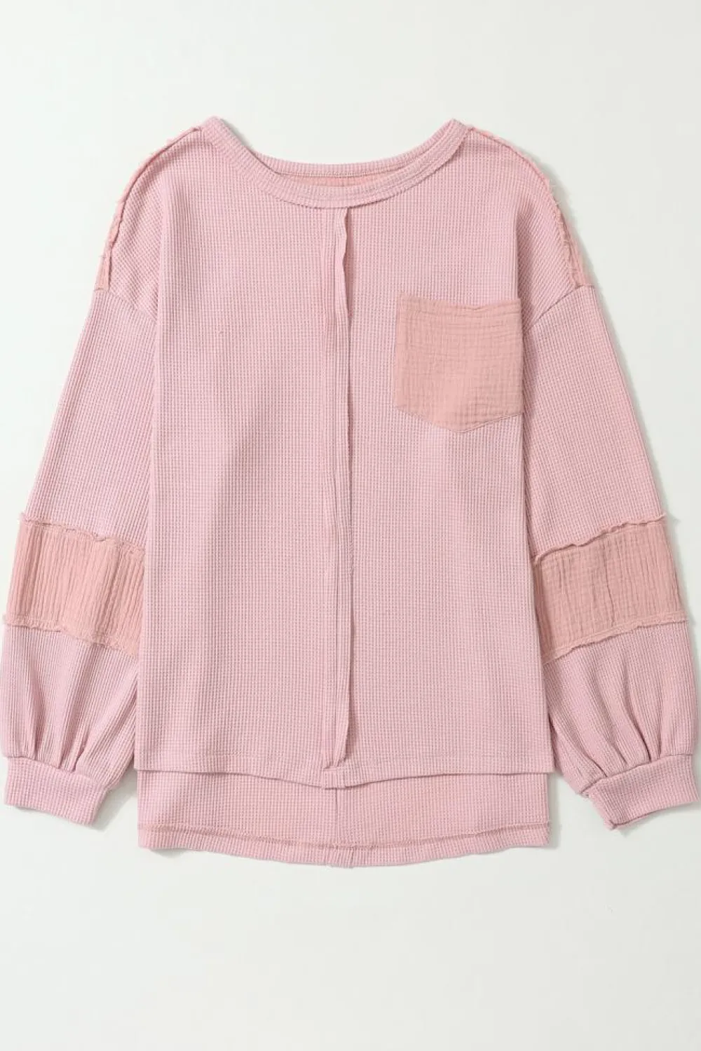 Online Dear-Lover Exposed Seam Patchwork Bubble Sleeve Waffle Knit Top Pink