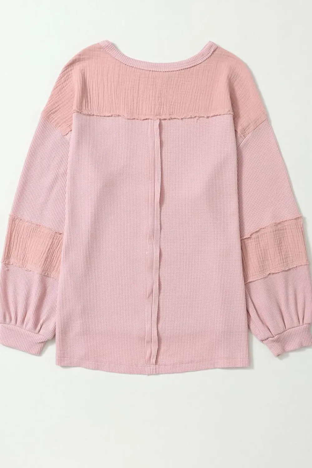 Online Dear-Lover Exposed Seam Patchwork Bubble Sleeve Waffle Knit Top Pink