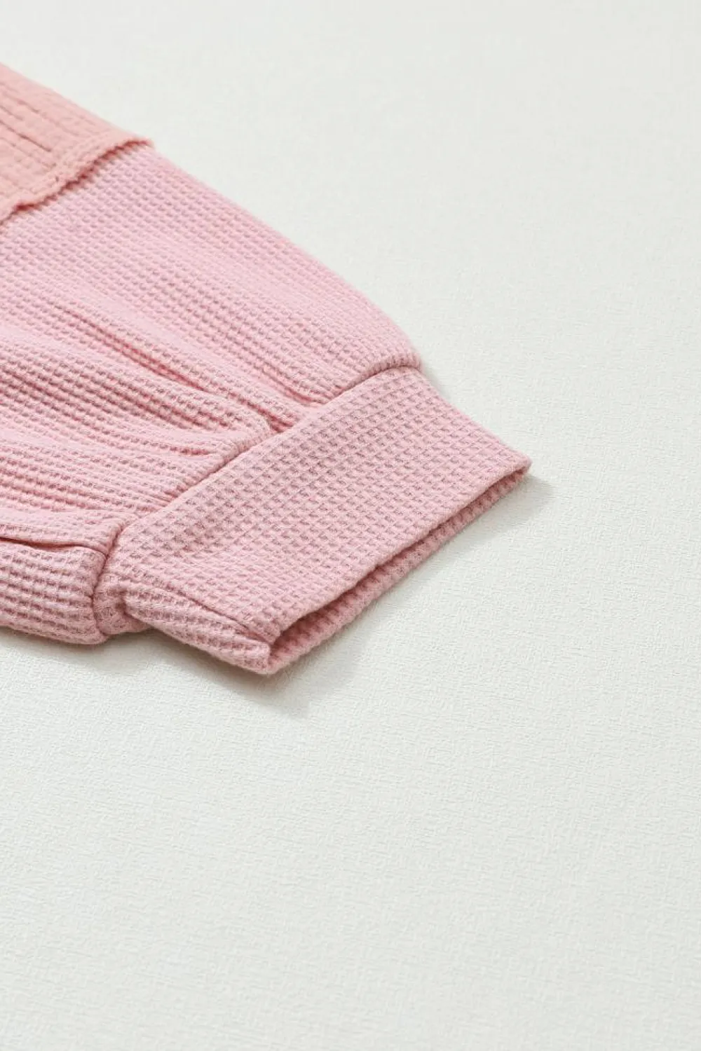 Online Dear-Lover Exposed Seam Patchwork Bubble Sleeve Waffle Knit Top Pink