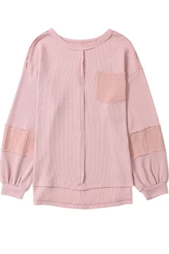 Online Dear-Lover Exposed Seam Patchwork Bubble Sleeve Waffle Knit Top Pink