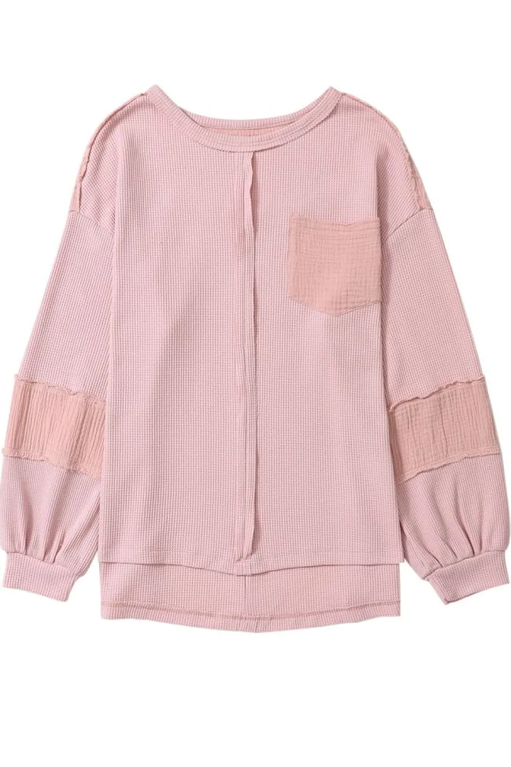 Online Dear-Lover Exposed Seam Patchwork Bubble Sleeve Waffle Knit Top Pink