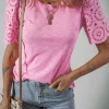 Best Dear-Lover Eyelet Embroidery Scalloped Sleeve Round Neck T Shirt Pink