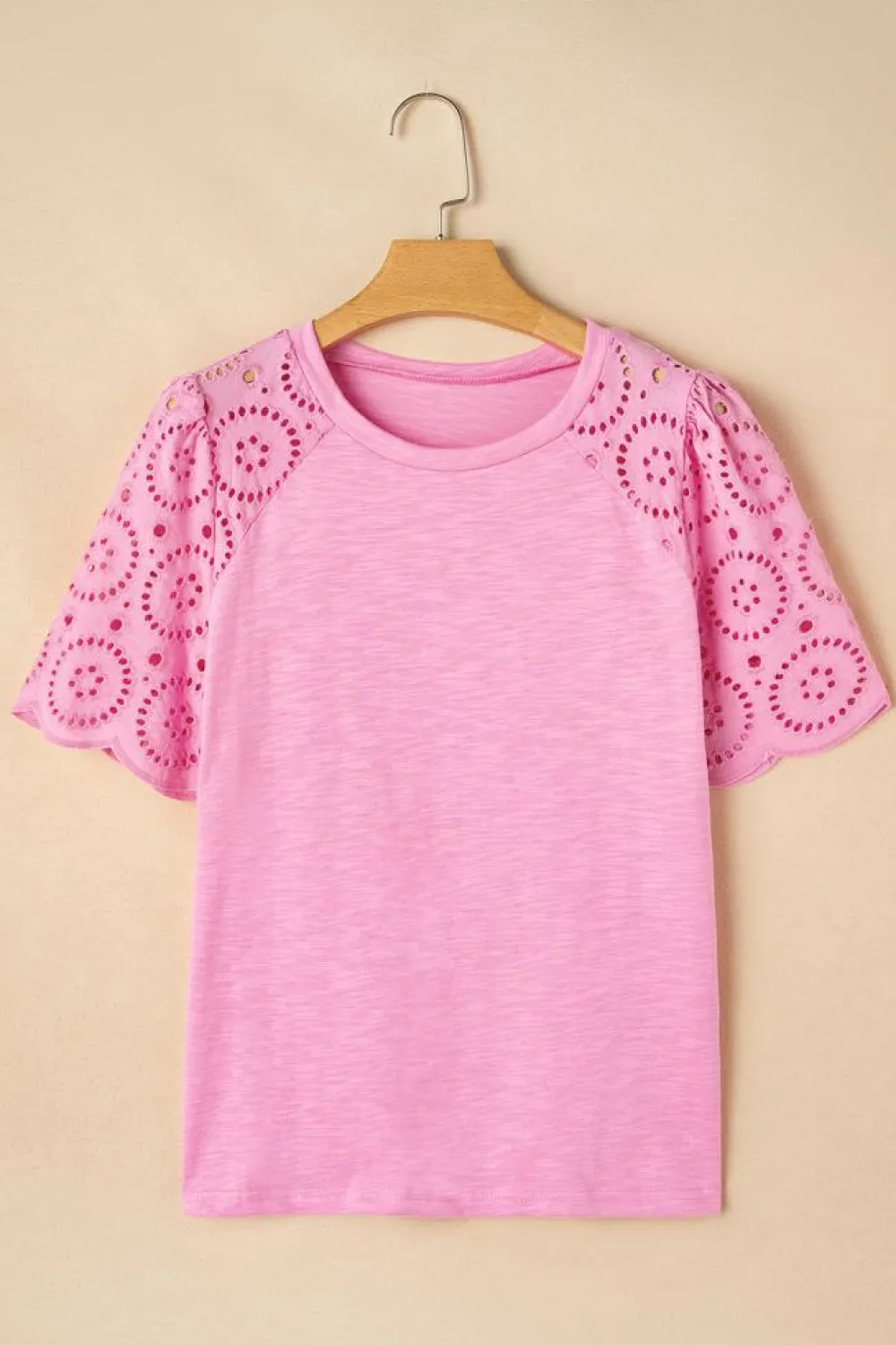 Best Dear-Lover Eyelet Embroidery Scalloped Sleeve Round Neck T Shirt Pink