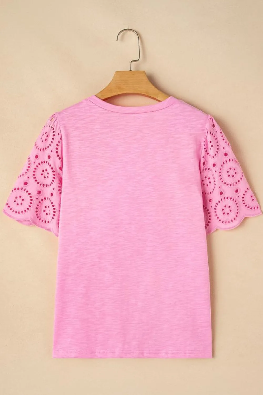 Best Dear-Lover Eyelet Embroidery Scalloped Sleeve Round Neck T Shirt Pink
