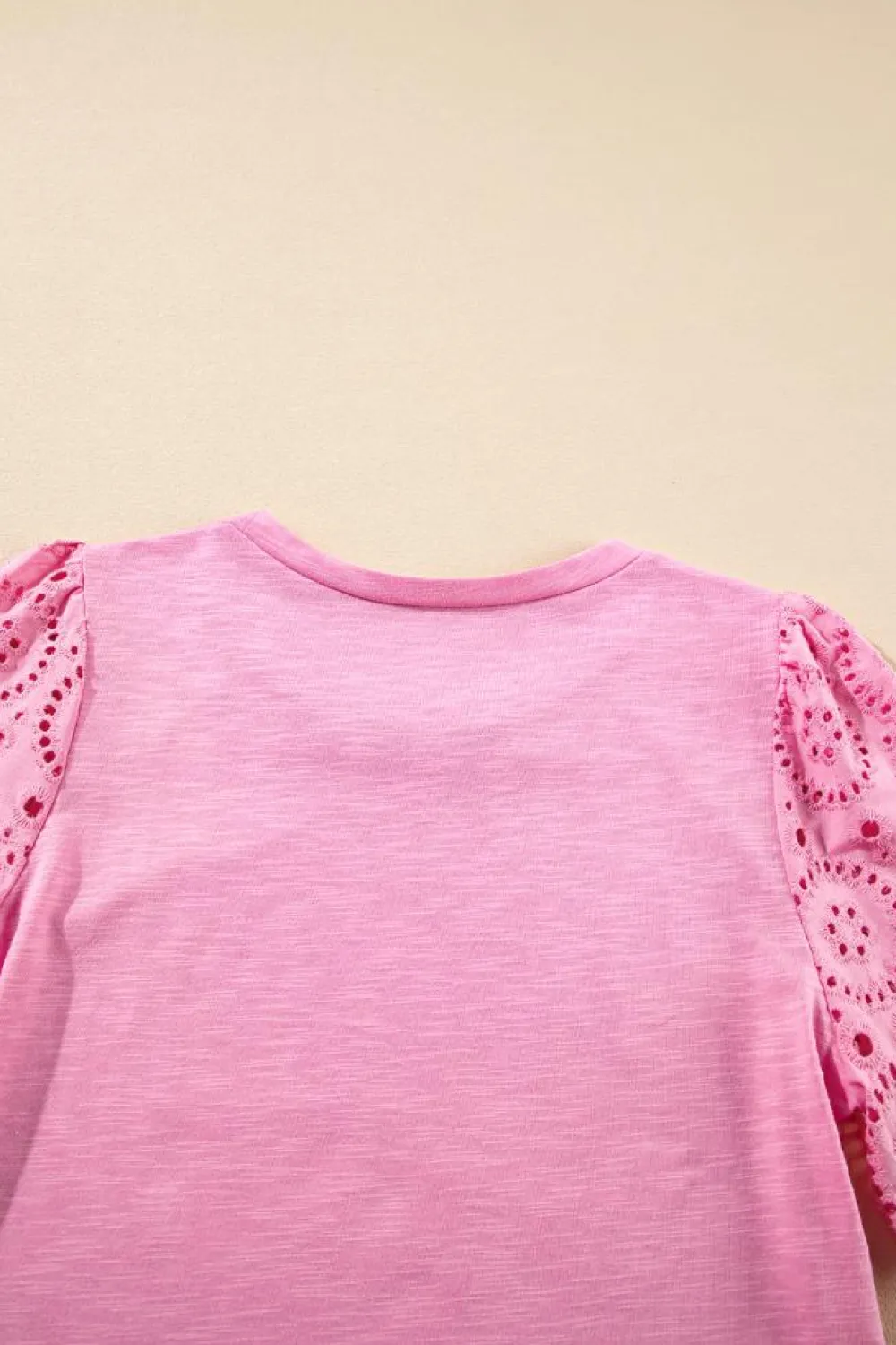 Best Dear-Lover Eyelet Embroidery Scalloped Sleeve Round Neck T Shirt Pink
