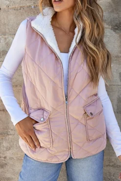 New Dear-Lover Fleece Lined Quilted Vest Coats Pink