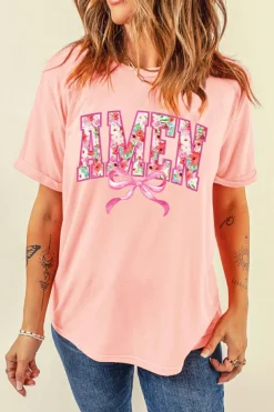 New Dear-Lover Floral AMEN Bow Graphic Crewneck T Shirt Pink
