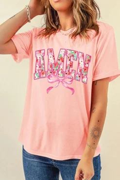 New Dear-Lover Floral AMEN Bow Graphic Crewneck T Shirt Pink