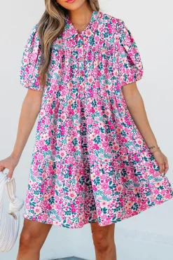 Fashion Dear-Lover Floral Collared Half Placket Short Sleeve Loose Dress Pink