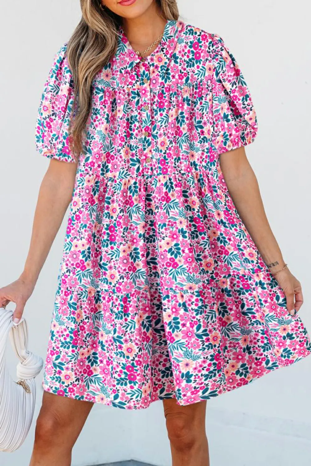 Fashion Dear-Lover Floral Collared Half Placket Short Sleeve Loose Dress Pink