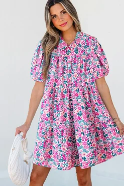 Fashion Dear-Lover Floral Collared Half Placket Short Sleeve Loose Dress Pink
