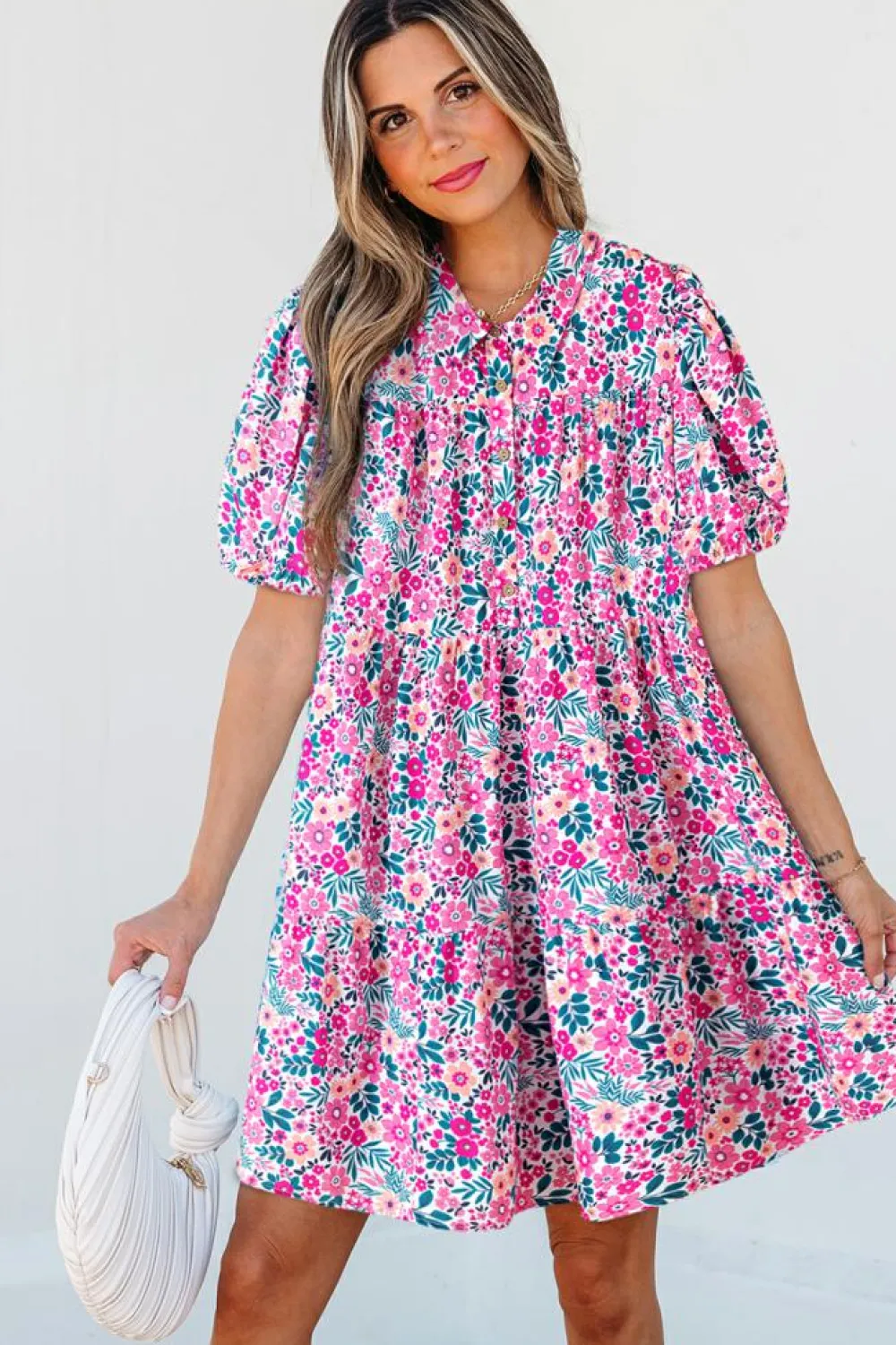 Fashion Dear-Lover Floral Collared Half Placket Short Sleeve Loose Dress Pink