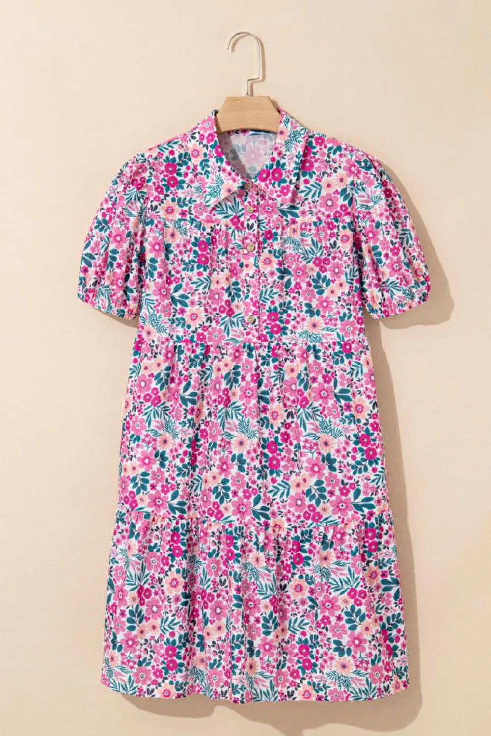 Fashion Dear-Lover Floral Collared Half Placket Short Sleeve Loose Dress Pink