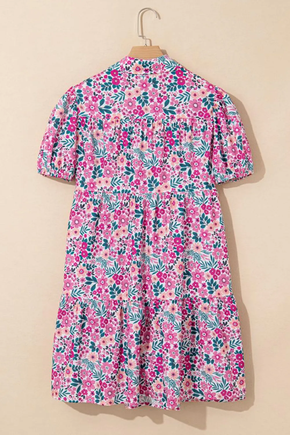 Fashion Dear-Lover Floral Collared Half Placket Short Sleeve Loose Dress Pink