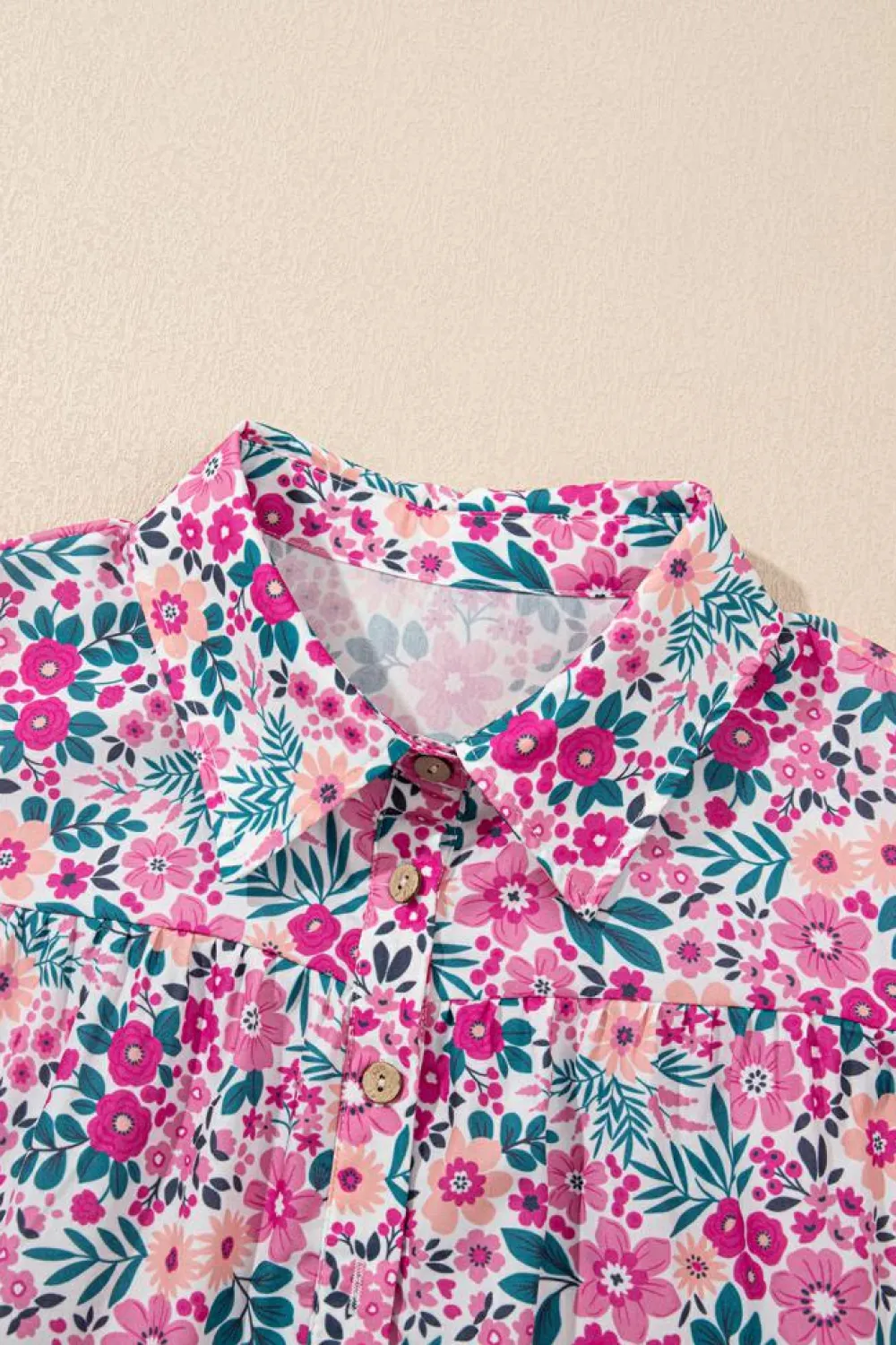 Fashion Dear-Lover Floral Collared Half Placket Short Sleeve Loose Dress Pink