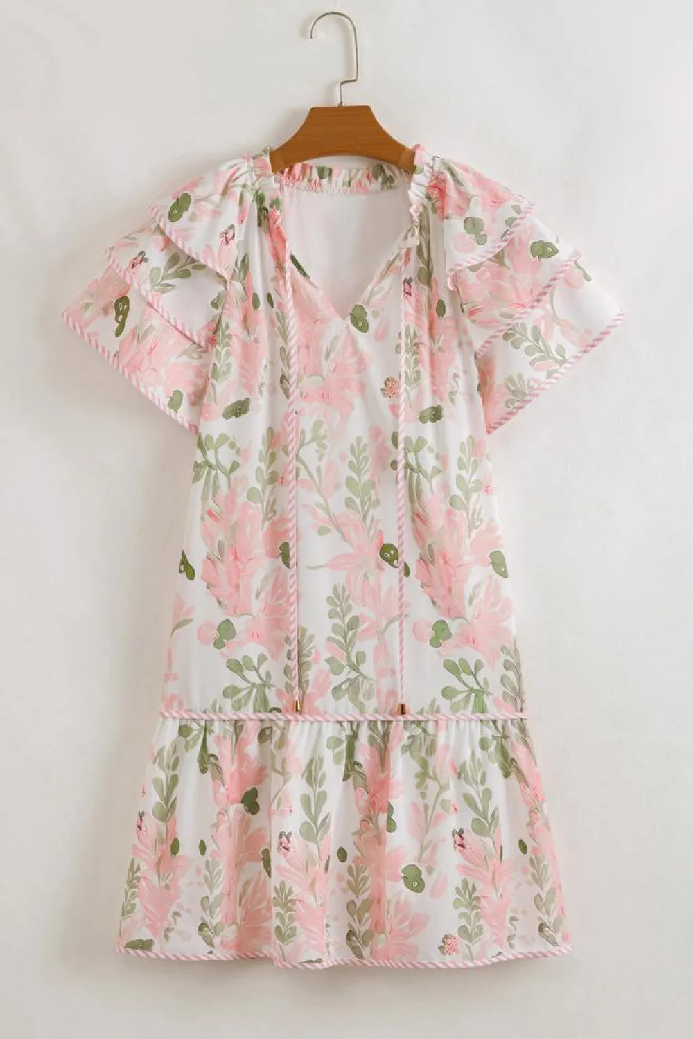 Sale Dear-Lover Floral Contrast Edge Layered Short Sleeve Mini Dress Pink