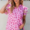 Best Dear-Lover Floral Contrast Ric Rac Layered Ruffle Sleeve Blouse Pink