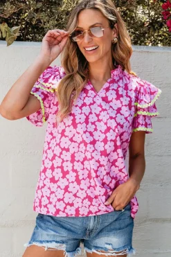 Best Dear-Lover Floral Contrast Ric Rac Layered Ruffle Sleeve Blouse Pink