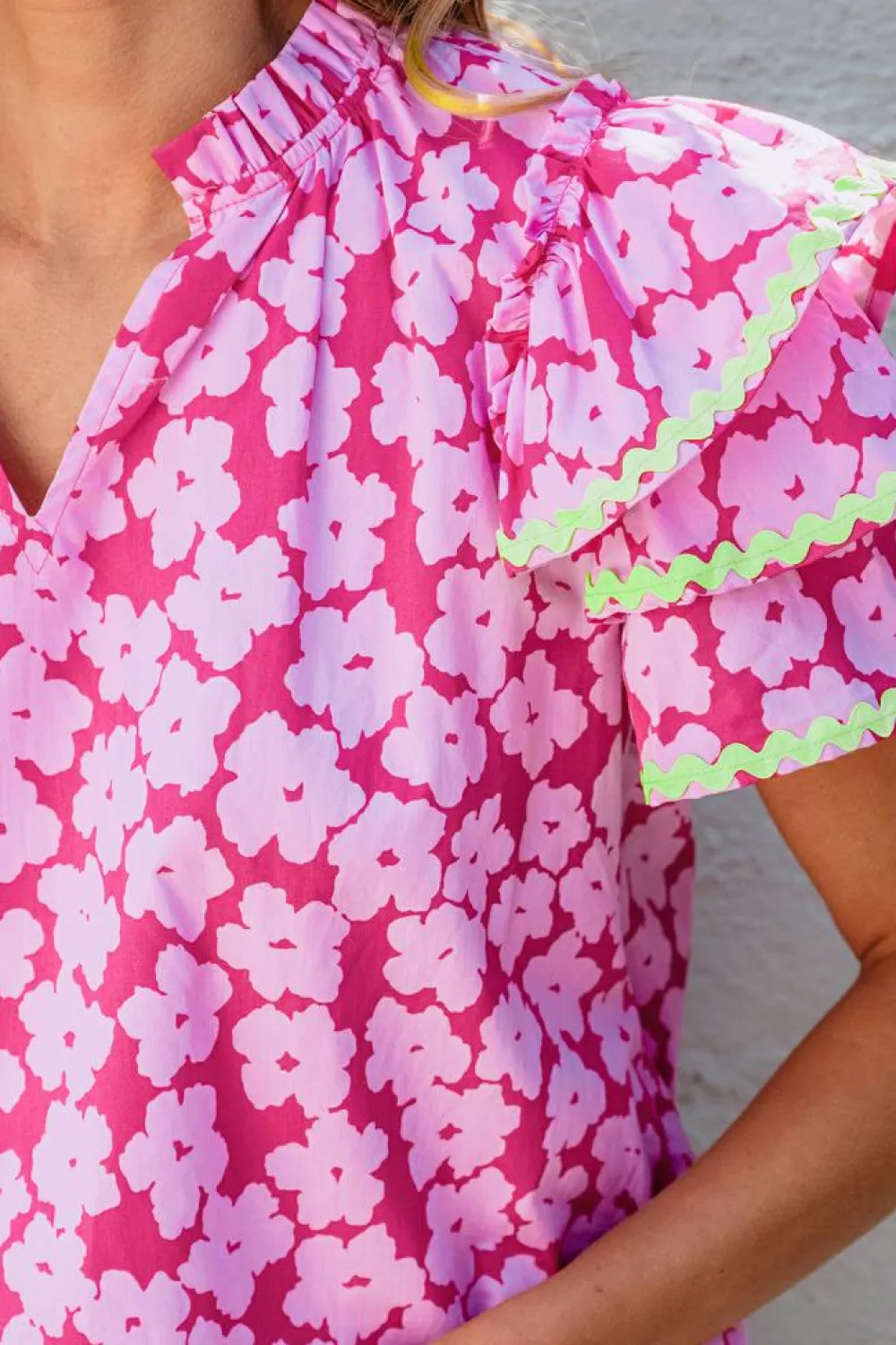 Best Dear-Lover Floral Contrast Ric Rac Layered Ruffle Sleeve Blouse Pink
