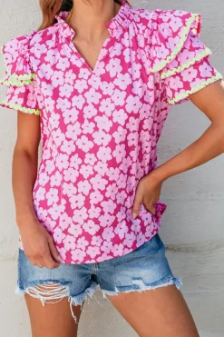 Best Dear-Lover Floral Contrast Ric Rac Layered Ruffle Sleeve Blouse Pink