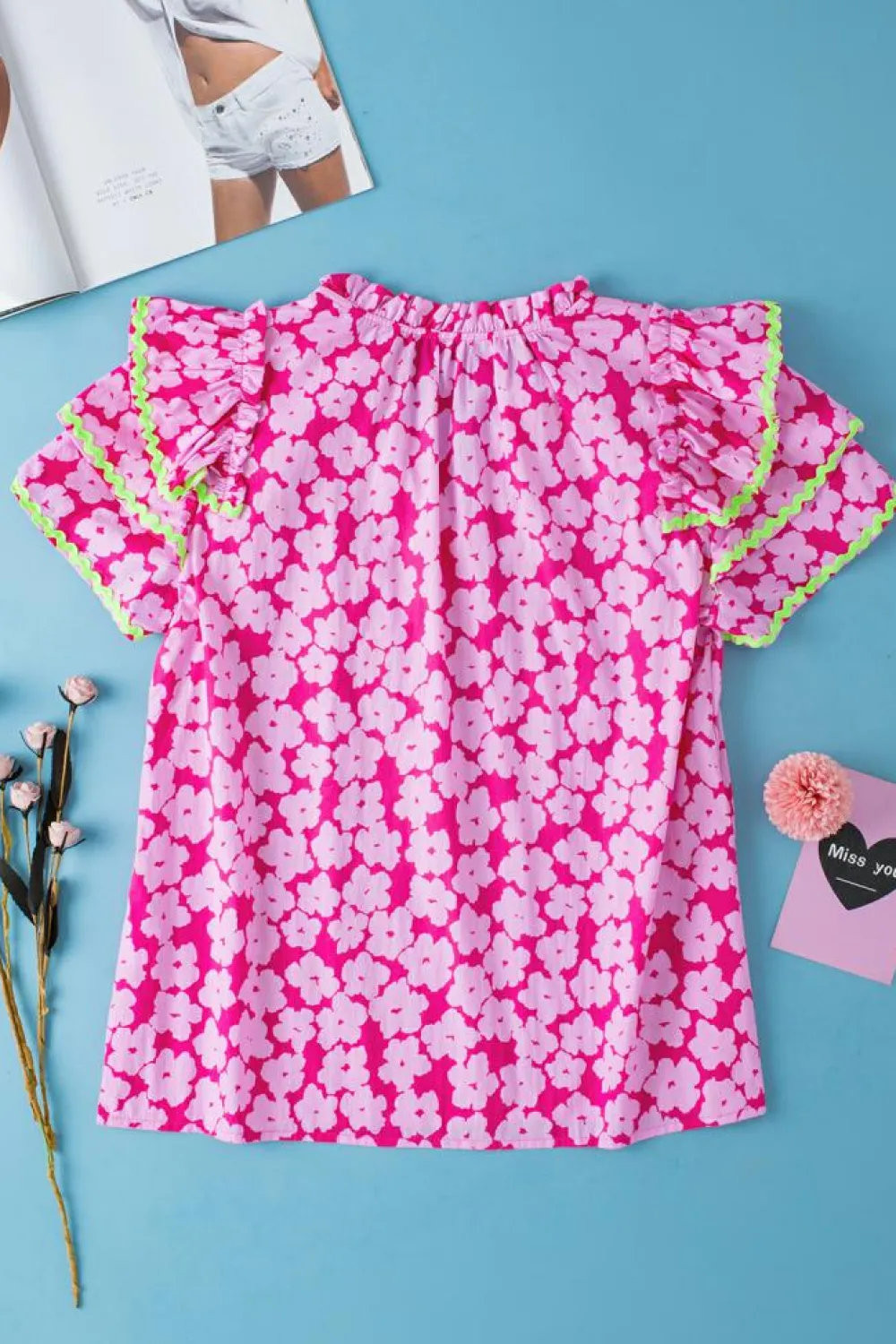 Best Dear-Lover Floral Contrast Ric Rac Layered Ruffle Sleeve Blouse Pink