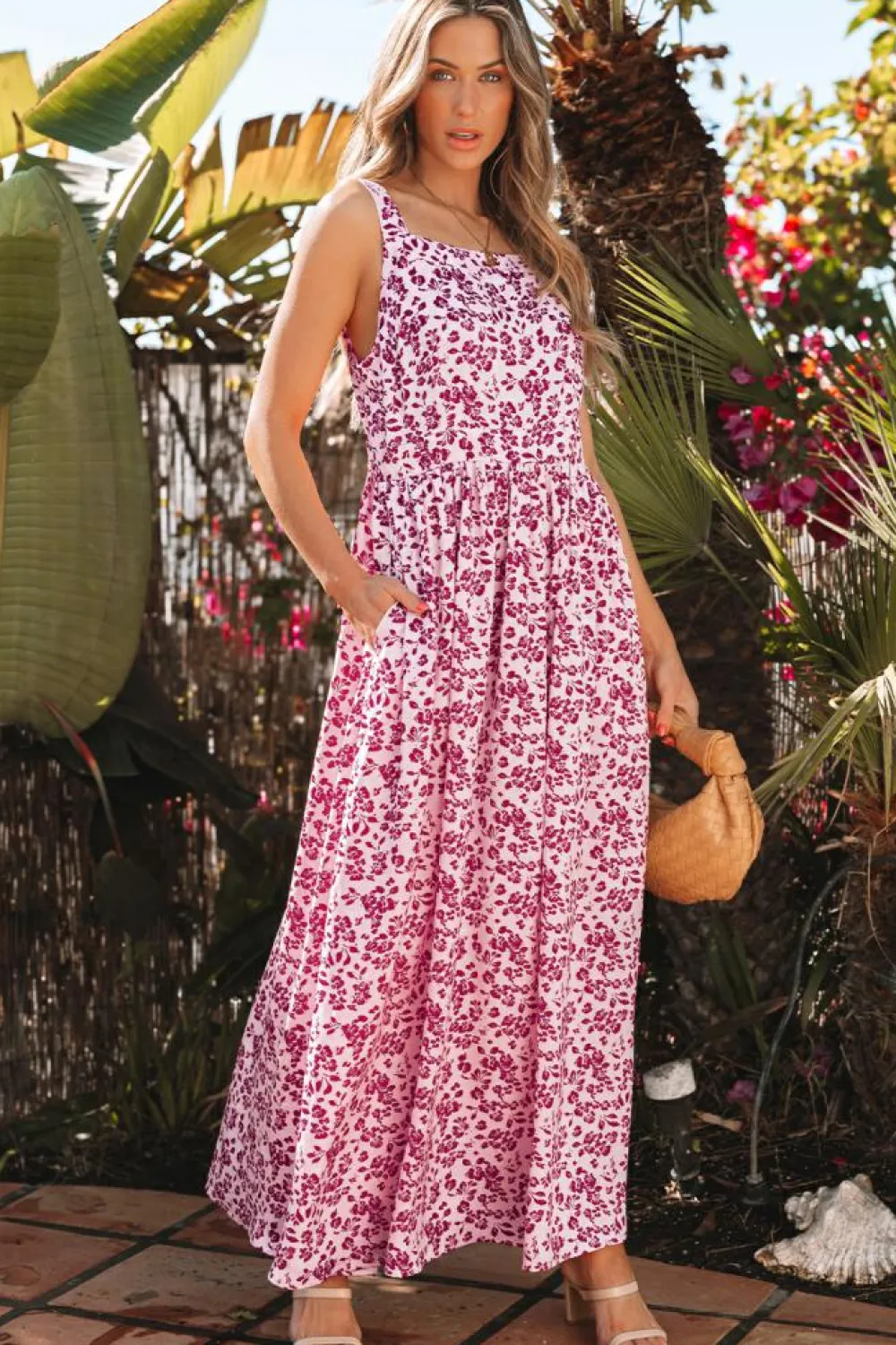 Best Dear-Lover Floral Cutout Back Empire Waist Sleeveless Maxi Dress Pink