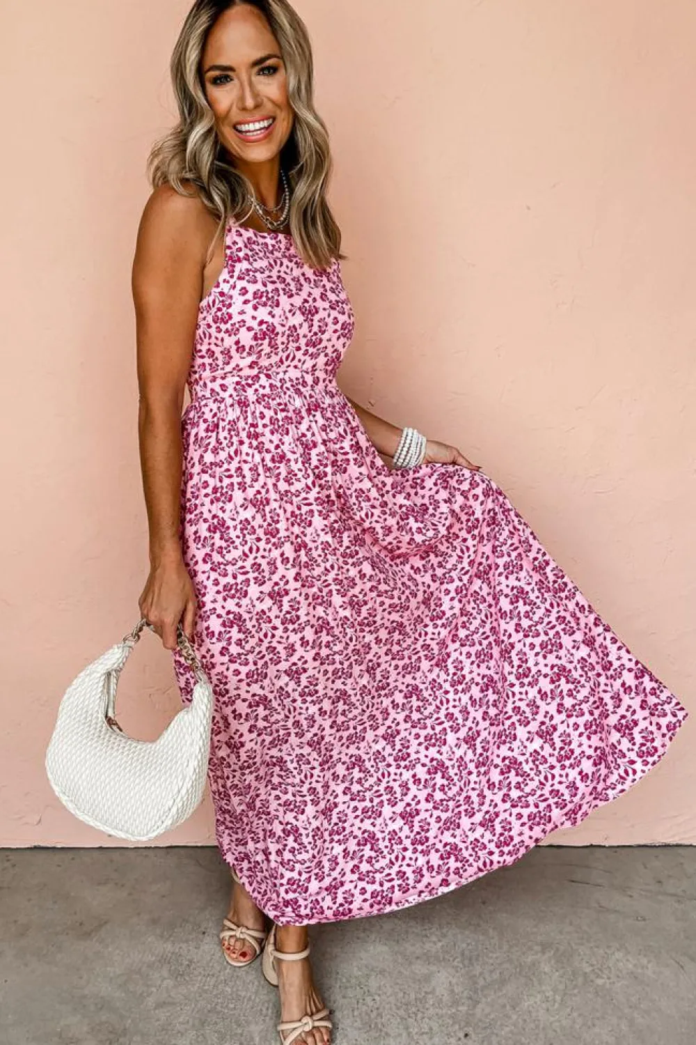 Best Dear-Lover Floral Cutout Back Empire Waist Sleeveless Maxi Dress Pink