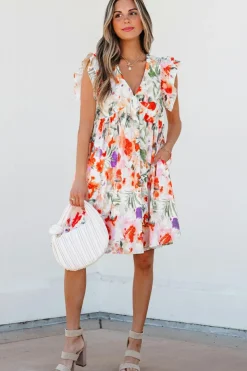 Online Dear-Lover Floral Double Ruffle Sleeve V Neck High Waist Mini Dress Pink