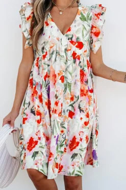 Online Dear-Lover Floral Double Ruffle Sleeve V Neck High Waist Mini Dress Pink