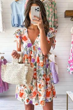 Online Dear-Lover Floral Double Ruffle Sleeve V Neck High Waist Mini Dress Pink