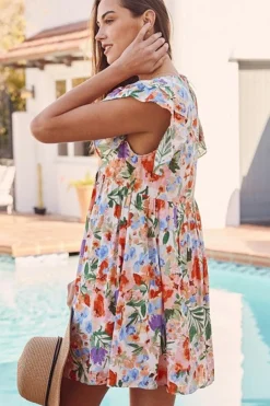 Online Dear-Lover Floral Double Ruffle Sleeve V Neck High Waist Mini Dress Pink