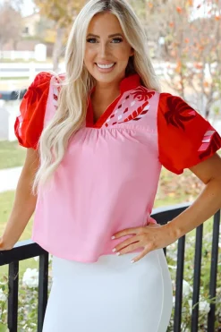 New Dear-Lover Floral Embroidered Notch V Neck Puff Sleeve Babydoll Blouse Pink