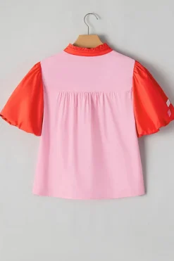 New Dear-Lover Floral Embroidered Notch V Neck Puff Sleeve Babydoll Blouse Pink