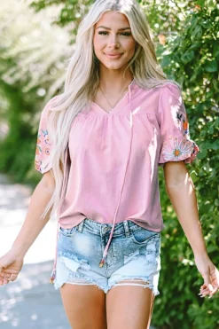 New Dear-Lover Floral Embroidered Puff Sleeve Split Neck Blouse Pink