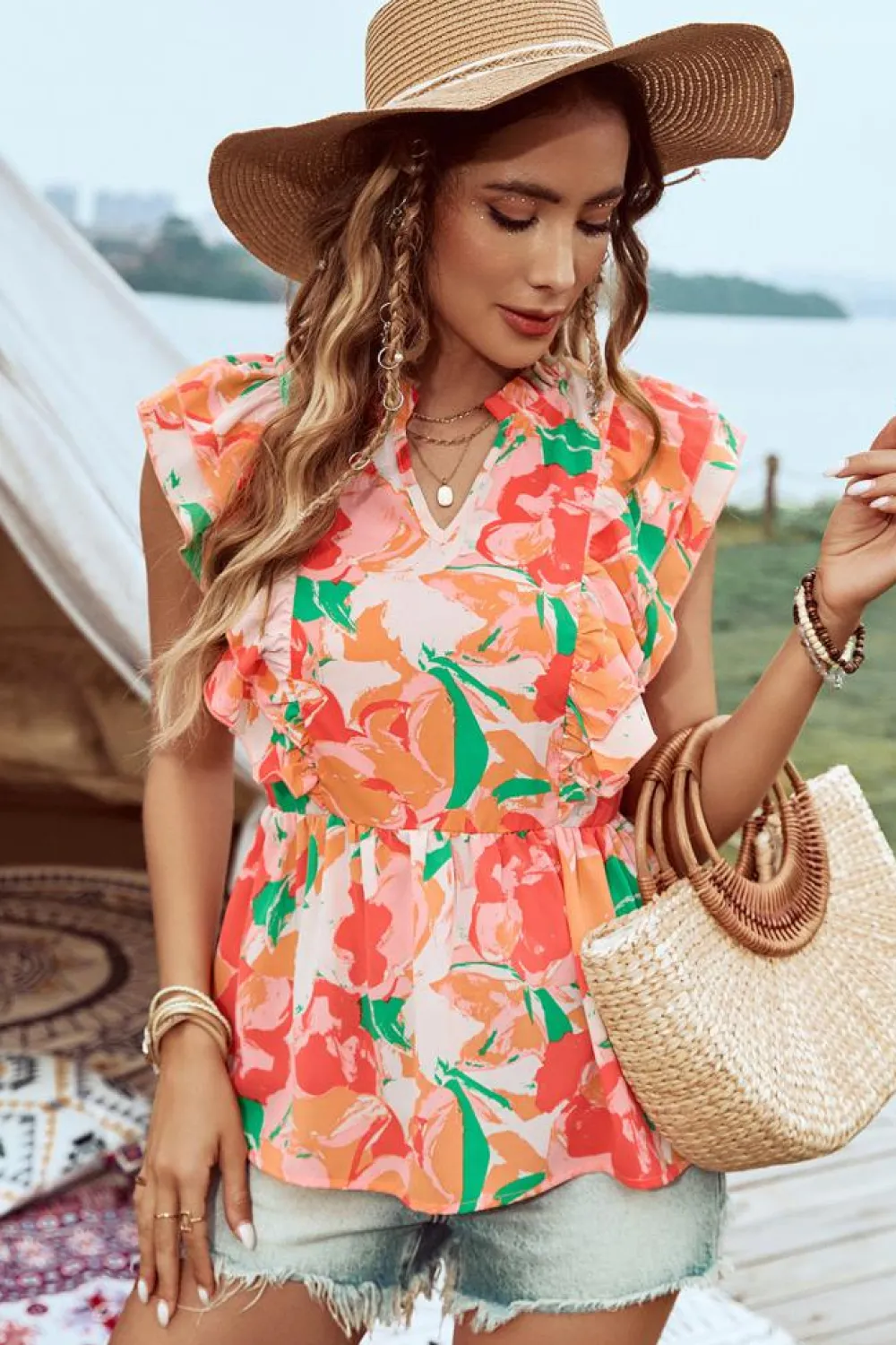 Sale Dear-Lover Floral Frilled Collar Split Neck Ruffled Sleeve Peplum Top Pink