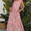 Sale Dear-Lover Floral Lace Tied Strap Empire Waist Maxi Dress Pink