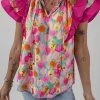 Outlet Dear-Lover Floral Layered Ruffle Flutter Sleeve Tie V Neck Blouse Pink