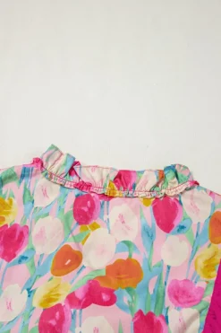 Outlet Dear-Lover Floral Layered Ruffle Flutter Sleeve Tie V Neck Blouse Pink