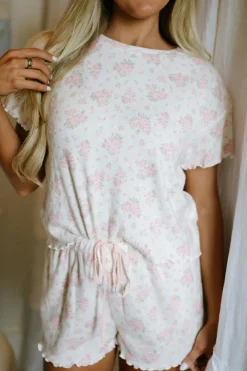 Clearance Dear-Lover Floral Lettuce Trim Tee and Shorts Ribbed Lounge Set Pink