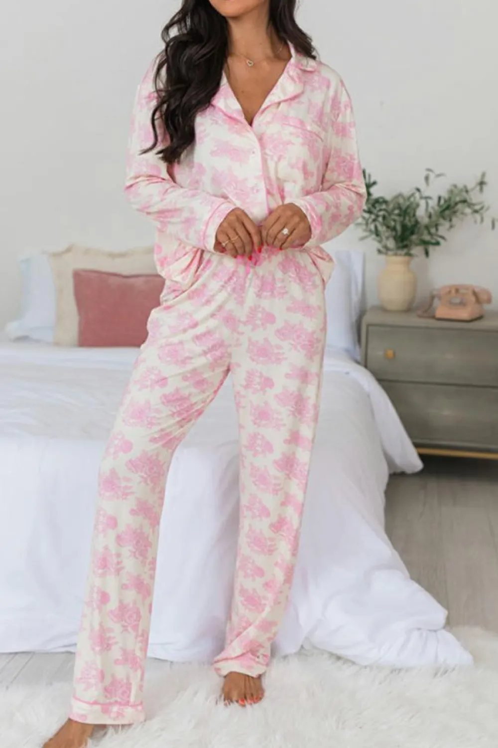 Clearance Dear-Lover Floral Long Sleeve and Pants Pajamas Set Pink