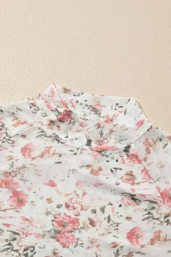 Hot Dear-Lover Floral Long Sleeve High Neck Sheath Mesh Top Pink