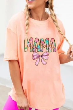 Best Dear-Lover Floral MAMA Bowknot Print Crewneck T Shirt Pink
