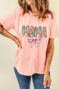 Best Dear-Lover Floral MAMA Bowknot Print Crewneck T Shirt Pink