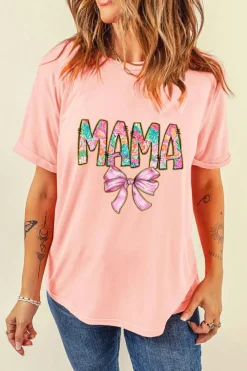 Best Dear-Lover Floral MAMA Bowknot Print Crewneck T Shirt Pink