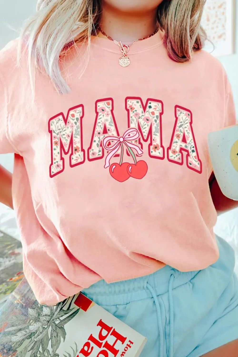 Sale Dear-Lover Floral MAMA Cherry Graphic Crewneck T Shirt Pink